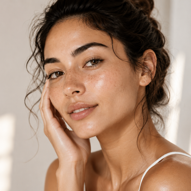A real client with healthy, glowing skin
